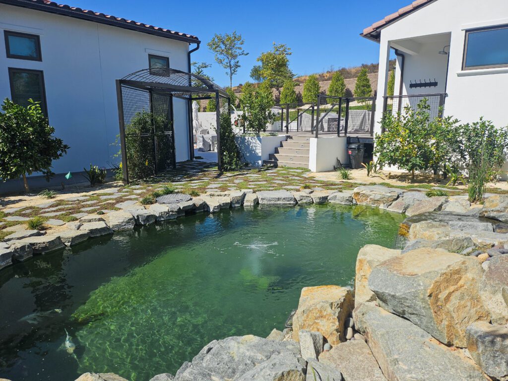 Backyard pond with stone landscaping.