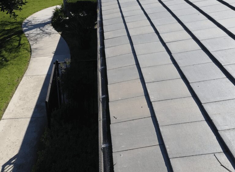 Roof tiles and gutter with mesh guard.