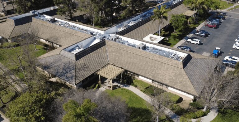 Aerial view of a building complex.