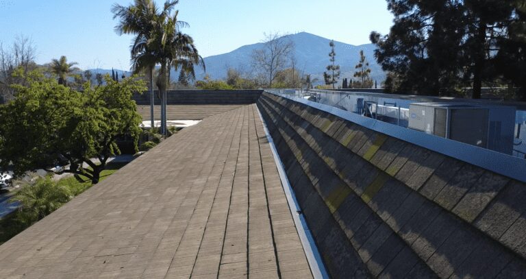 Rooftop view with mountain background.
