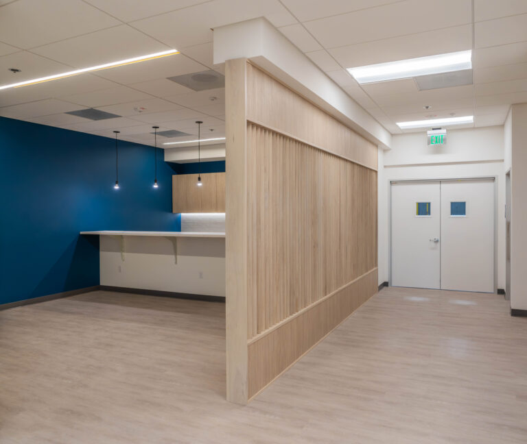 Contemporary office reception with blue accent